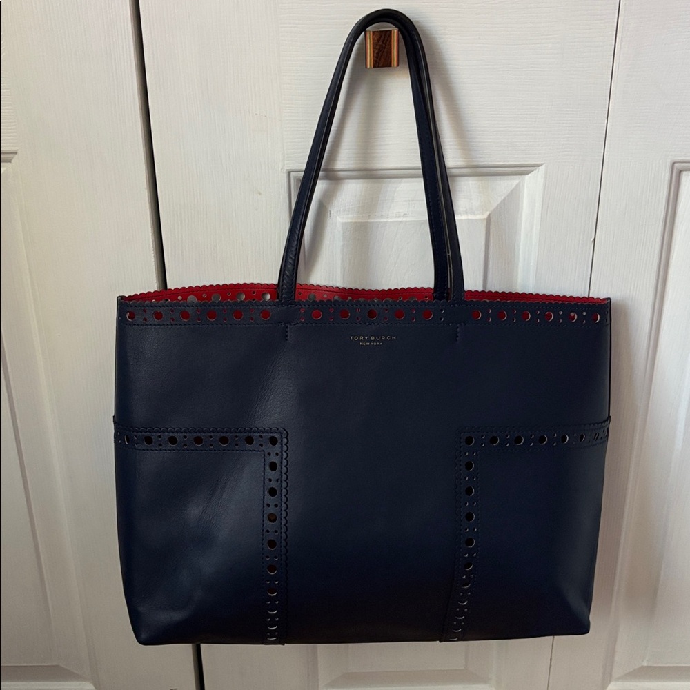 Tory Burch Block T Brogue Leather Tote Blue - Picture 5 of 12